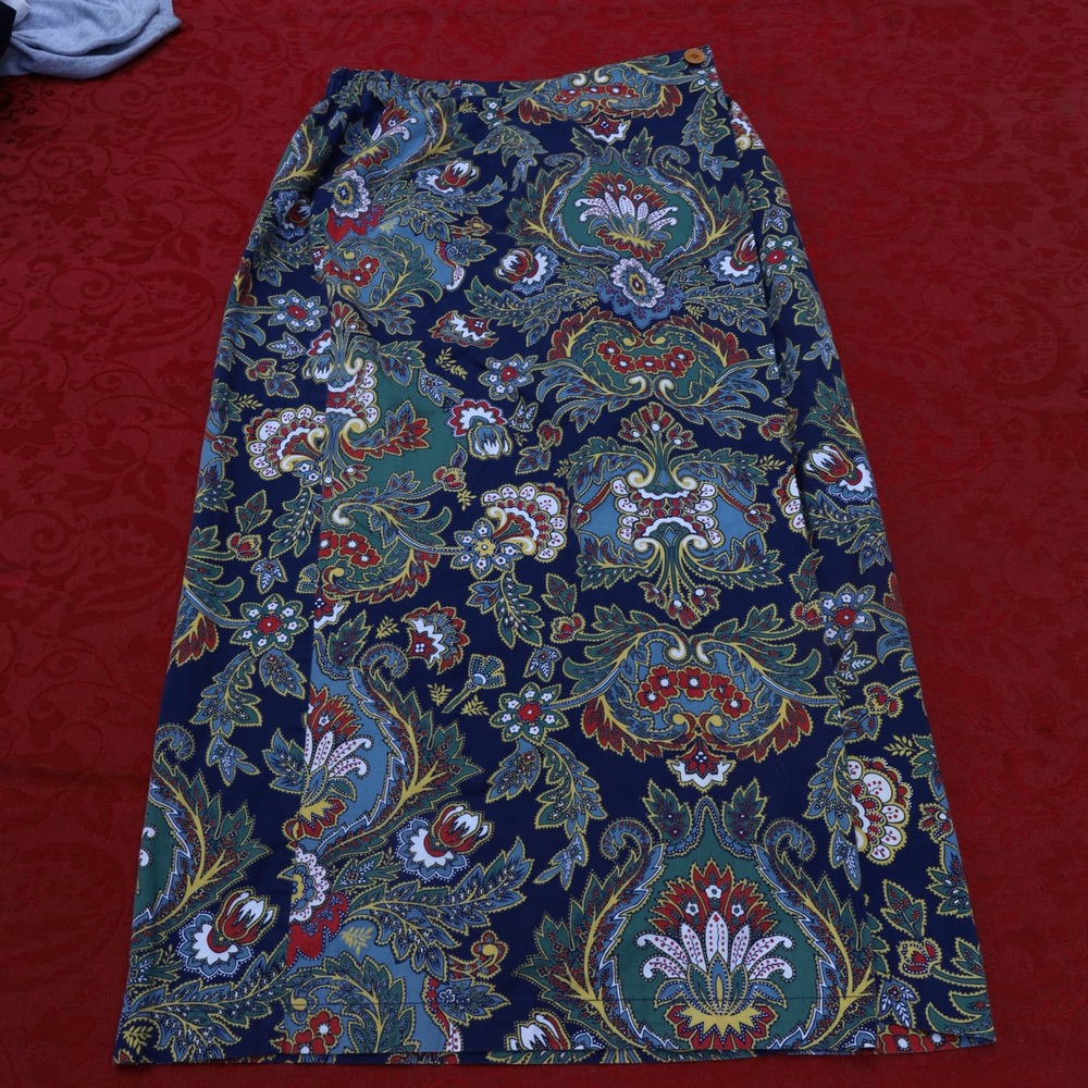 Susan Bristol Paisley Maxi Skirt Womens 10 Navy Blue Good Vintage 90s Floral